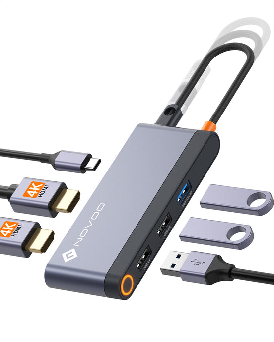 NOVOO Hub USB C Tripler Affichage 6 en 1 vers Dual HDMI, Stations d'accueil USB C Double Moniteur, 100W PD, 3 x USB, Dock USB-C pour Dell, HP, Lenovo, ASUS, Microsoft Visiter la boutique NOVOO