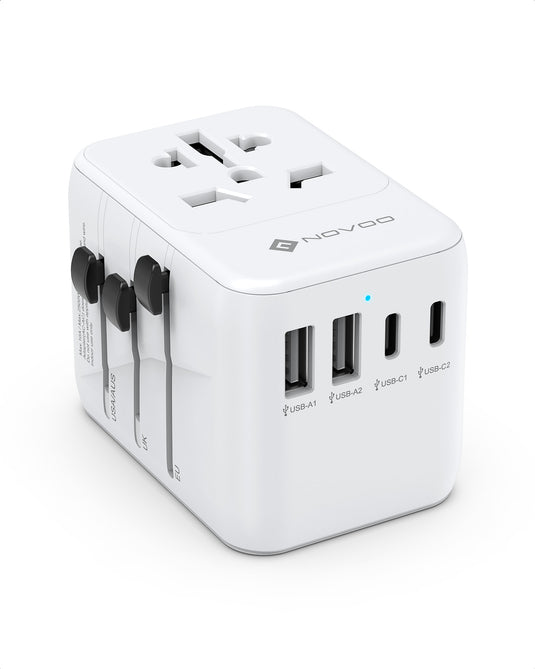 NOVOO Adaptateur Prise Universelle, Adaptateur de Voyage Electrique avec 2 USB et 2 Type C, Adaptateur Prise France vers USA UK Canada Italie Australie Chine Japon Thaïlande