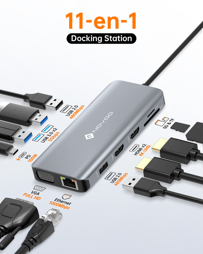 HUB USB C Docking Station USB C Dual HDMI, 13 en 1 Dock USB C vers Double  HDMI, Displayport, USB C 3.1, PD 100W, USB 3.1/3.0/2.0, Ethernet RJ45