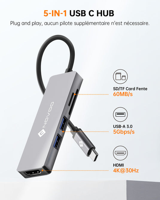 Hub USB C HDMI, adaptateur de type C, port USB 2.0 3.0 pour