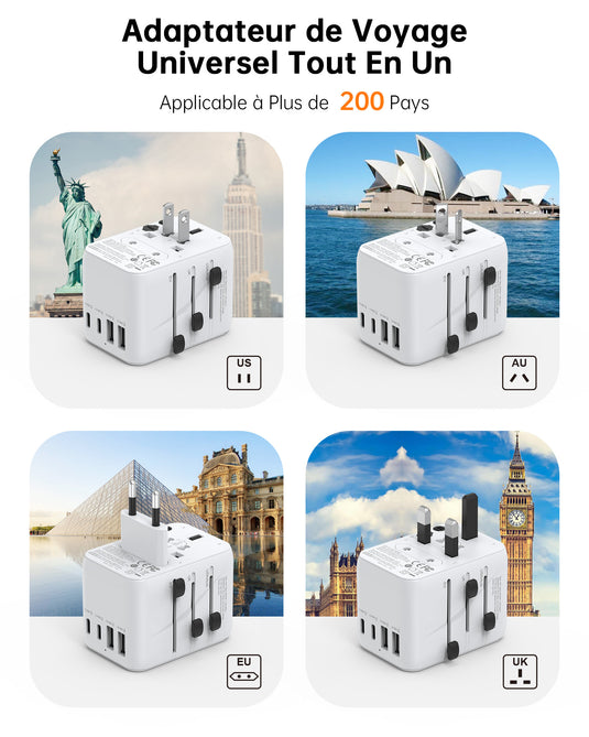 NOVOO Adaptateur Prise Universelle, Adaptateur de Voyage Electrique avec 2 USB et 2 Type C, Adaptateur Prise France vers USA UK Canada Italie Australie Chine Japon Thaïlande