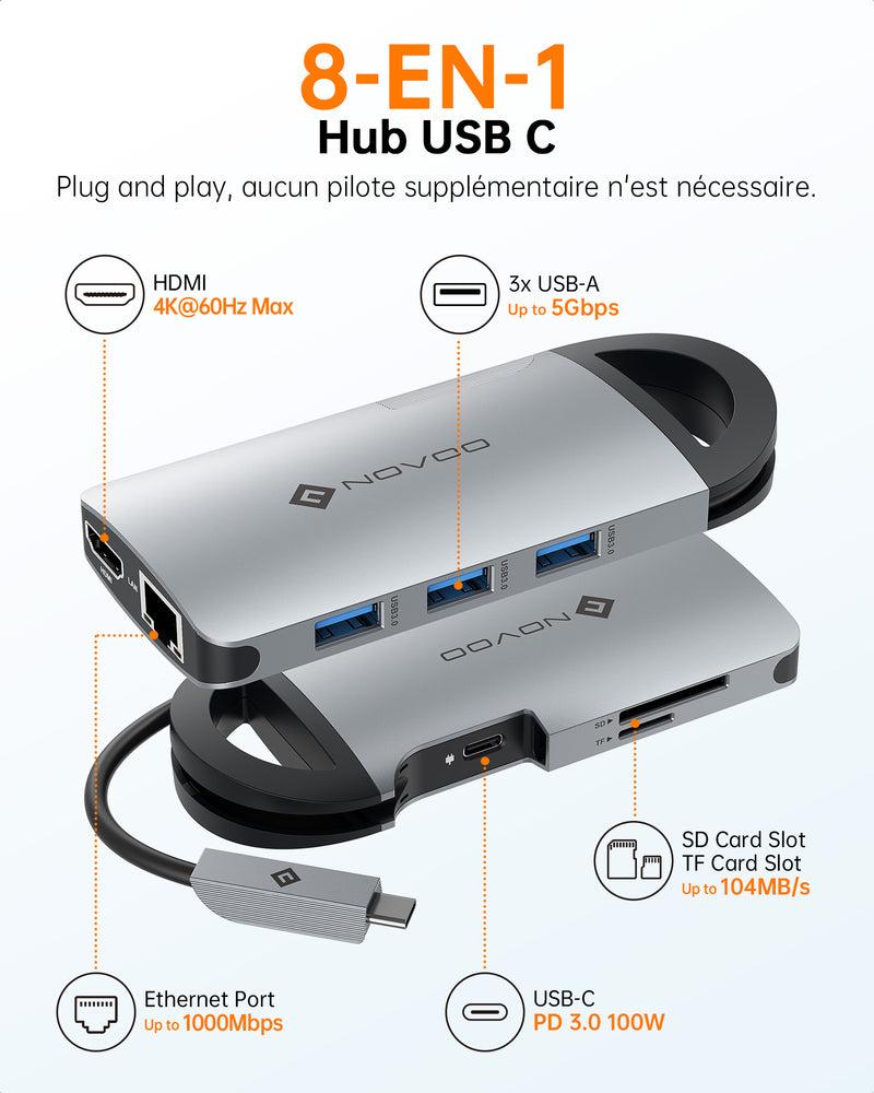 NOVOO Mulitport Adaptateur Hub USB C vers USB x 4, 100W PD Port de