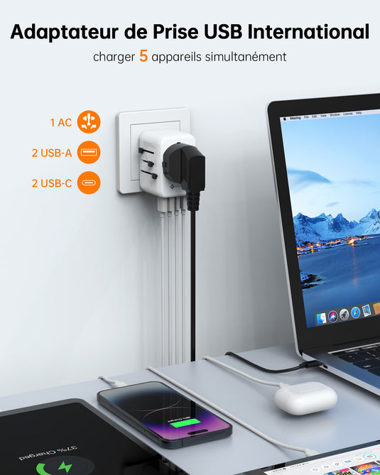 NOVOO Adaptateur Prise Universelle, Adaptateur de Voyage Electrique avec 2 USB et 2 Type C, Adaptateur Prise France vers USA UK Canada Italie Australie Chine Japon Thaïlande