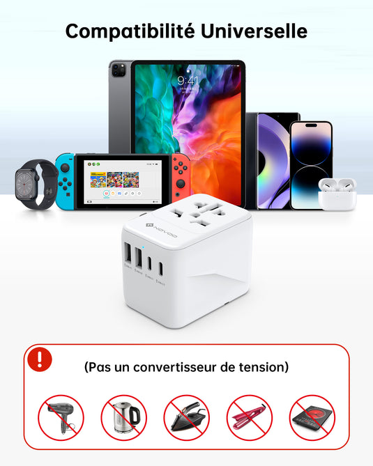 NOVOO Adaptateur Prise Universelle, Adaptateur de Voyage Electrique avec 2 USB et 2 Type C, Adaptateur Prise France vers USA UK Canada Italie Australie Chine Japon Thaïlande