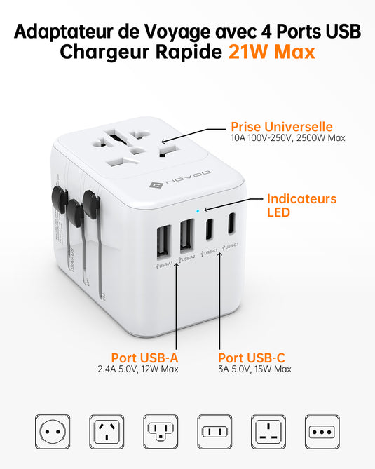 NOVOO Adaptateur Prise Universelle, Adaptateur de Voyage Electrique avec 2 USB et 2 Type C, Adaptateur Prise France vers USA UK Canada Italie Australie Chine Japon Thaïlande